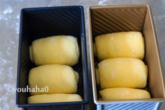 醒发后的面团拍扁、上下擀开擀长，自上向下卷起，捏紧收口，依次放入吐司模具中。