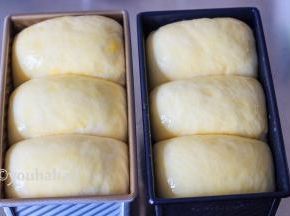 吐司模具放入烤箱中，烤箱里放一碗热水，进行二发，此时不开烤箱。面团发酵至9分钟满时，取出模具，烤箱开始预热，面团表面刷蛋液。