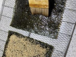 再准备一片白芝麻，刷少于酱汁