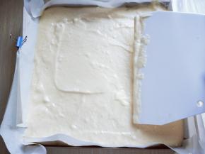 将拌好的蛋糕糊倒入模具中，用刮刀抹平，轻轻震出气泡。