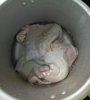 猪肚买回来，彻底冲洗干净后放入压力锅，再加入适量料酒，煲12分钟左右捞出。