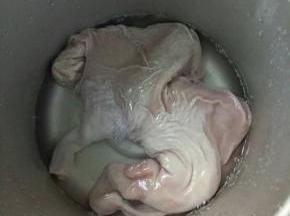 猪肚买回来，彻底冲洗干净后放入压力锅，再加入适量料酒，煲12分钟左右捞出。