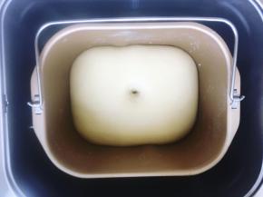 接着盖上盖子，让揉好的面团在面包桶里常温发酵，因为室温高，不需要用到面包机的发酵功能。将面团发酵至两倍大，手指沾粉插入面团中间，洞洞不回弹不塌陷就表示发酵到位，如果洞洞回弹就需要继续发酵，如果洞洞塌陷就是发酵过头了。