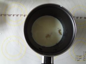 牛奶加热到冒泡即刻离火放入吉利丁片搅拌融合