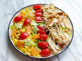 摆盘，首先将剩菜铺在下面，再放上蔬菜及撕好的鸡胸肉。