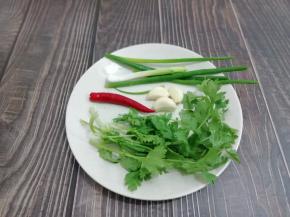 准备葱、蒜、辣椒和香菜