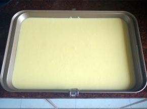 将搅打完的面糊全部倒入长方形深烤盘中，刚好一盘七八分满的。