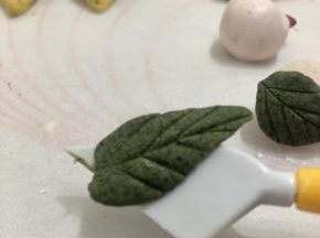 叶子： 麦青做的叶子照片漏拍了，这个是某一次用艾草粉调的面团的，型态是这样的。 
不过艾草蒸后上色不佳，还在研究碱面调整色度。