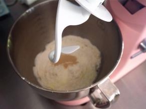 将主食材中除黄油外的食材投入厨师机，先低速后高速揉面。