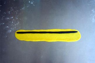 将黑色面团搓成21厘米的棒状。黄色面团擀开成21*3厘米的面片，包入黑色棒状面团，花朵的中心完成。