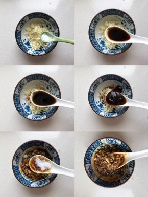 调蒜蓉酱汁：蒜瓣拍碎1汤匙生抽2汤匙蚝油1汤匙醋半汤匙白糖少许盐搅拌均匀即可