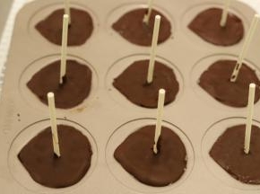 将剩余的巧克力再次隔水融化，铺在板栗冰淇淋后面，铺平，冷冻