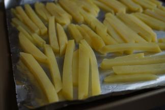 烤盘里垫一张锡纸，倒一点油在上面，把土豆条放上去，每一根都裹上油。不要重叠摆放，平铺着放（也可以将油倒入盆里，上面盖一张保鲜膜，摇晃几次，使土豆条都裹上油）