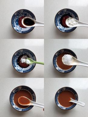 调糖醋酱汁：2勺番茄酱半汤匙玉米淀粉1g盐1汤匙白糖半汤匙香醋4汤匙水搅拌均匀备用