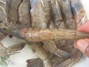 用剪刀剪开虾背，留最后一节虾壳。
