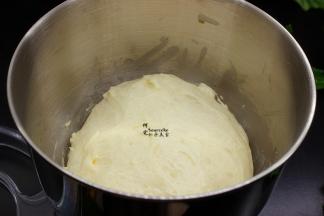 用手揉成光滑的面团，放入厨师机的桶里，盖上盖子，进行第一次发酵。发酵到2.5倍大。