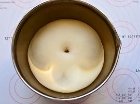 面团发酵到1.5-2倍大，手指沾面粉戳一个洞，不回缩、不塌陷，发酵完成

。