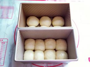 将做好的小面团依次摆放入吐司盒中。