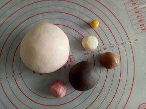 分别取10克白面团预留，200克揉一点点红曲粉成肉粉色面团，2克揉南瓜粉成黄色面团，10克揉红曲粉成红色面团，15克揉可可粉成棕色面团，剩余的揉入黑可可粉，盖保鲜膜放冰箱