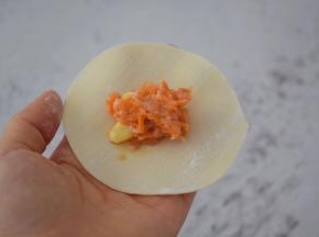 取一个饺子皮，放入馅料