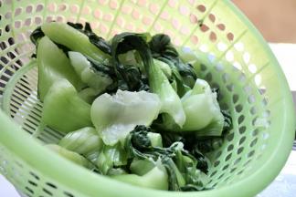 青菜焯水：水开即可出锅泡冷水二分钟后捞出，用手用力挤出些水分后待用。