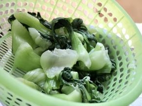 青菜焯水：水开即可出锅泡冷水二分钟后捞出，用手用力挤出些水分后待用。