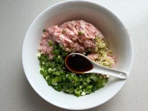 调春卷肉馅：五花肉剁碎、葱切小段，姜蒜切碎一起放入加1汤匙蚝油