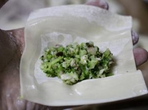 皮子是梯形碱面皮为佳，碱面口感爽滑不烂。
馅儿放在皮子中心便自己的位置，四周沾水，包元宝形。