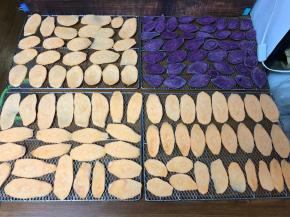 烤网刷一点油，其实我没刷，烤土豆片的时候喷油了，取下来土豆片没有洗烤网，直接放的红薯片和紫薯片，烤网上还是带有一丢丢油分的，不需要太多，正好烤这个