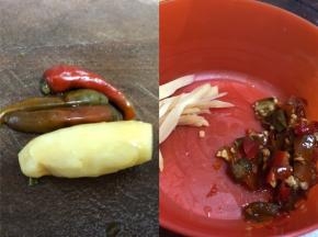 泡椒、泡姜分别切丝切粒