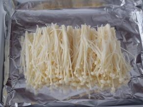 烤盘铺上锡纸，把金针菇均匀在放在锡纸上