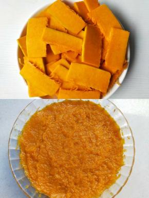 南瓜切片，上锅蒸熟，捣成泥。