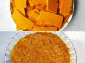 南瓜切片，上锅蒸熟，捣成泥。