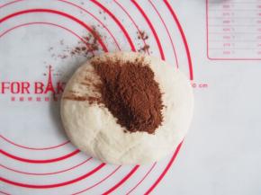 取一小半面团，加入可可粉揉匀。我这样是为了偷懒，一次就揉好两个面团了。