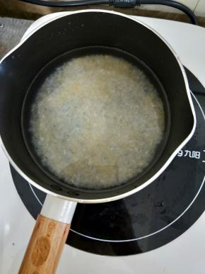 两种米淘洗两次，然后一次性加入足够的水，放到电磁炉烧开，转小火慢熬。