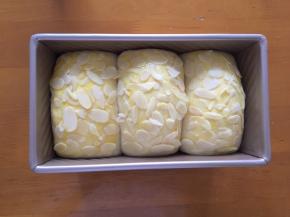 发酵至九分发就可以了，刷上全蛋液，撒上杏仁片，放入预热好的烤箱180度，下层，上下火，40分钟