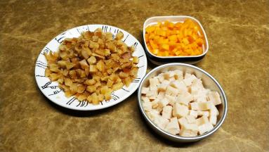 鱿鱼干、胡萝卜、鸡胸肉切丁