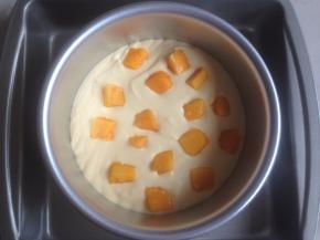 倒入一半的芒果慕斯液到模具里，加入芒果肉