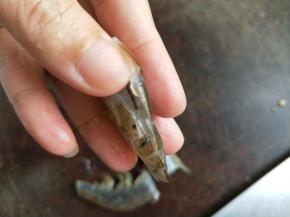 再挑去虾肠和虾线。