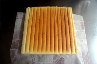 将蛋糕体翻转，再翻转，蔓越莓毛巾面朝上，带网痕的表皮面朝下。