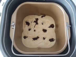 把蛋糕糊倒入东菱DL-T09G面包机的面包桶里。上面放适量的巧克力。