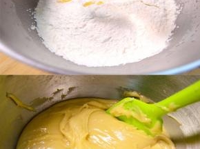 加入粉类，拌成至无干粉状态后将饼皮面团稍整理成油亮光滑状态，用保鲜膜盖好，室温下松弛至少2小时。