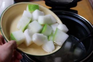 骨头薏米煲了30分钟之后，开盖，加入切好的冬瓜，再盖上盖子，煲8分钟。