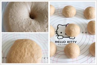 面团发酵好后，用手指沾粉戳洞不回缩不塌陷即可，拿出面团放到揉面垫上，轻轻摁压排气，之后等分成9个面团，滚圆。可是适当的静置5分钟。