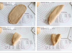 取第一个包完的，擀开牛舌状，左右对折，再上下对折，从中间位置切开，尖角部位不要切通。