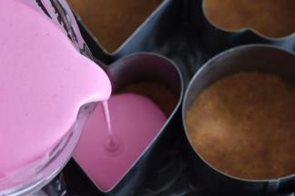 冰箱里拿出放了饼干底的慕斯圈，把做好的慕斯液倒入进去，全部倒好以后，放入冰箱冷藏到凝固，大约30分钟以上