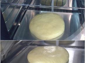面团收圆放入烤盘中，COUSS CF-100A发酵箱，选择28度，湿度70%，时间60分钟，底部水盘加水加湿，面团放入进行基础发酵至约2倍大。