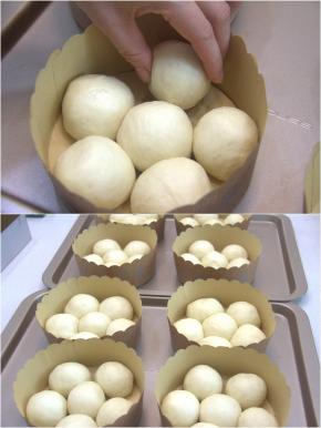 松驰好的面团再次揉圆，排入6寸面包纸托中，每个纸托放6份面团。