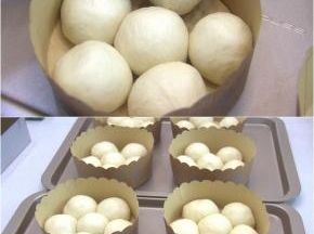 松驰好的面团再次揉圆，排入6寸面包纸托中，每个纸托放6份面团。