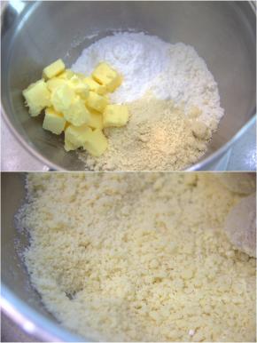 利用发酵时间做好酥粒，把所有材料混合，迅速抓散搓成细粒状即可。